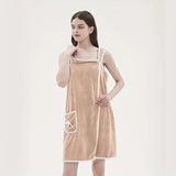Wearable Coral Velvet Bath Towel – Soft Quick-Dry Bath Dress with Pockets & Bow Design | Absorbent Spa Robe for Women