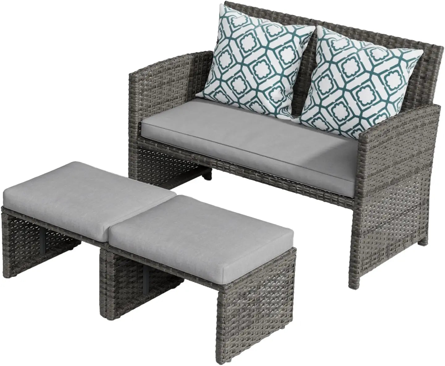 3-Piece Casual Patio Furniture Set – Gray Rattan Loveseat with Ottomans & White Cushions | Outdoor Wicker Conversation Set for Porch & Garden