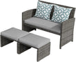 3-Piece Casual Patio Furniture Set – Gray Rattan Loveseat with Ottomans & White Cushions | Outdoor Wicker Conversation Set for Porch & Garden