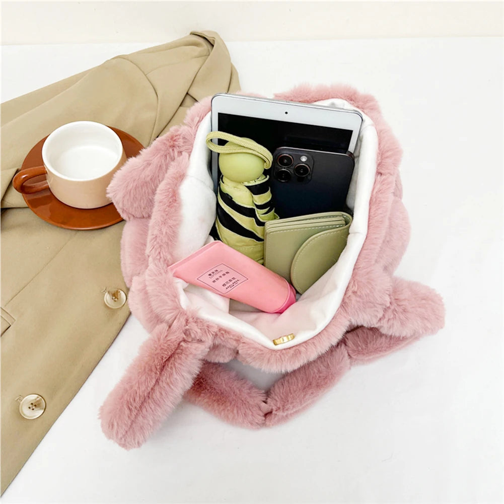 Women’s plush shoulder tote bag – large-capacity fluffy handbag, solid color casual furry purse for autumn & winter fashion