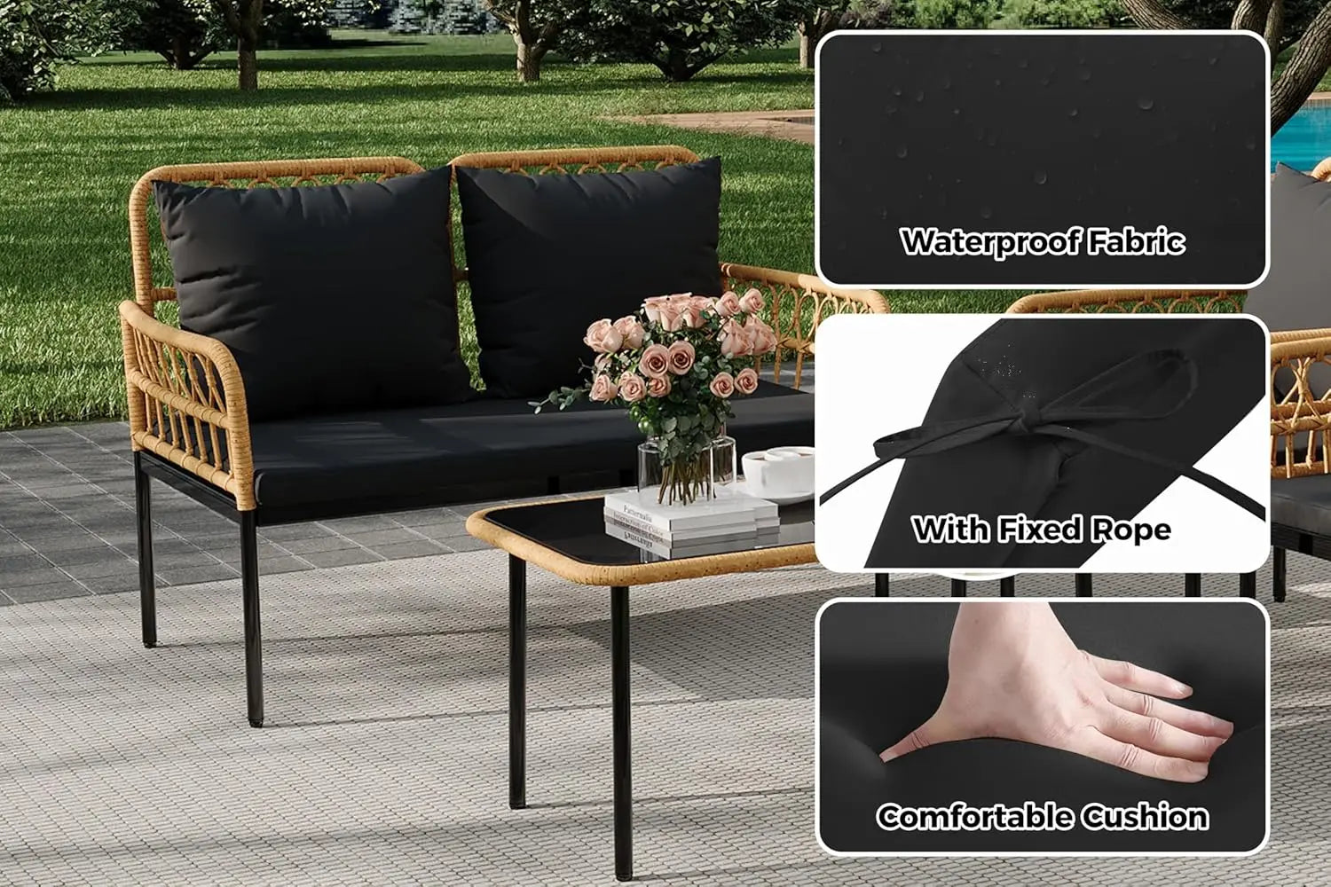 “4-Piece Outdoor Patio Furniture Set – Rattan Balcony Set with Chaise Lounge, 2 Armchairs & Coffee Table”