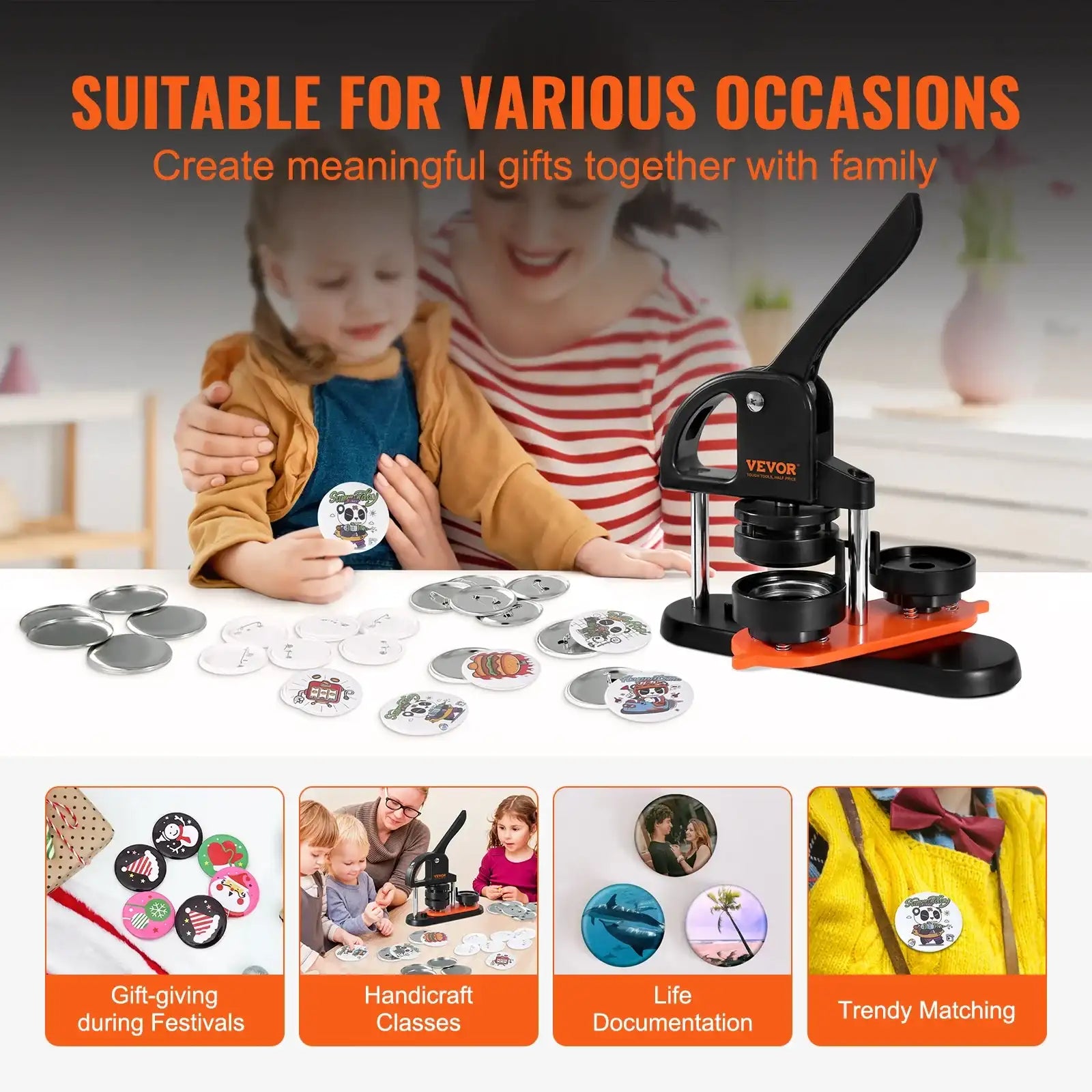 Vevor Button Maker Machine – 25/32/58mm Pin Badge Maker with Button Parts & Ergonomic Arc Handle, DIY Punch Press Kit