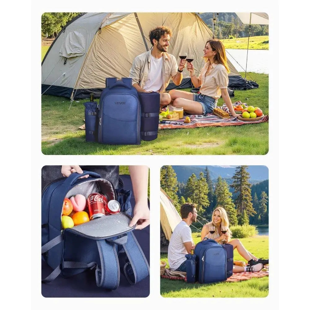 Navy Blue Picnic Backpack for Two – Insulated Cooler Compartment | Outdoor Beach & Camping Daypack