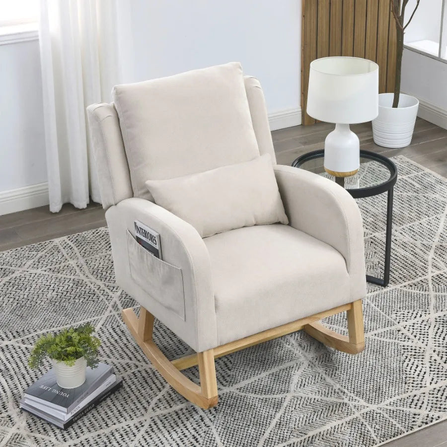 Modern High-Back Accent Armchair Rocker – 27.5"W Living Room Chair with Lumbar Pillow & Side Pockets | Stylish Casual Seating