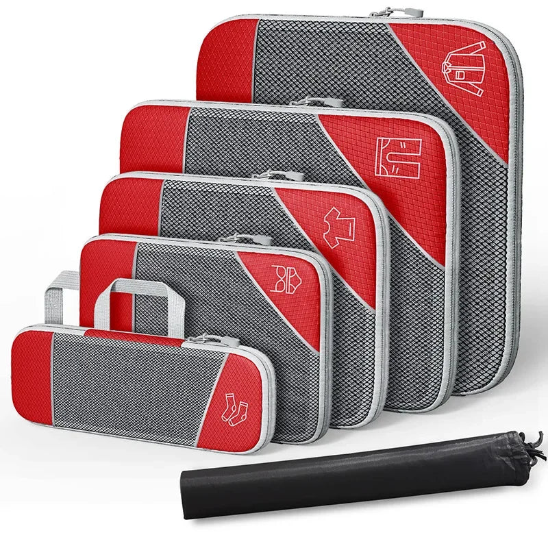 3-6 pcs Compressed Packing Cubes Travel Storage Organizer Set with Shoe Bag & Mesh Visual Luggage Set