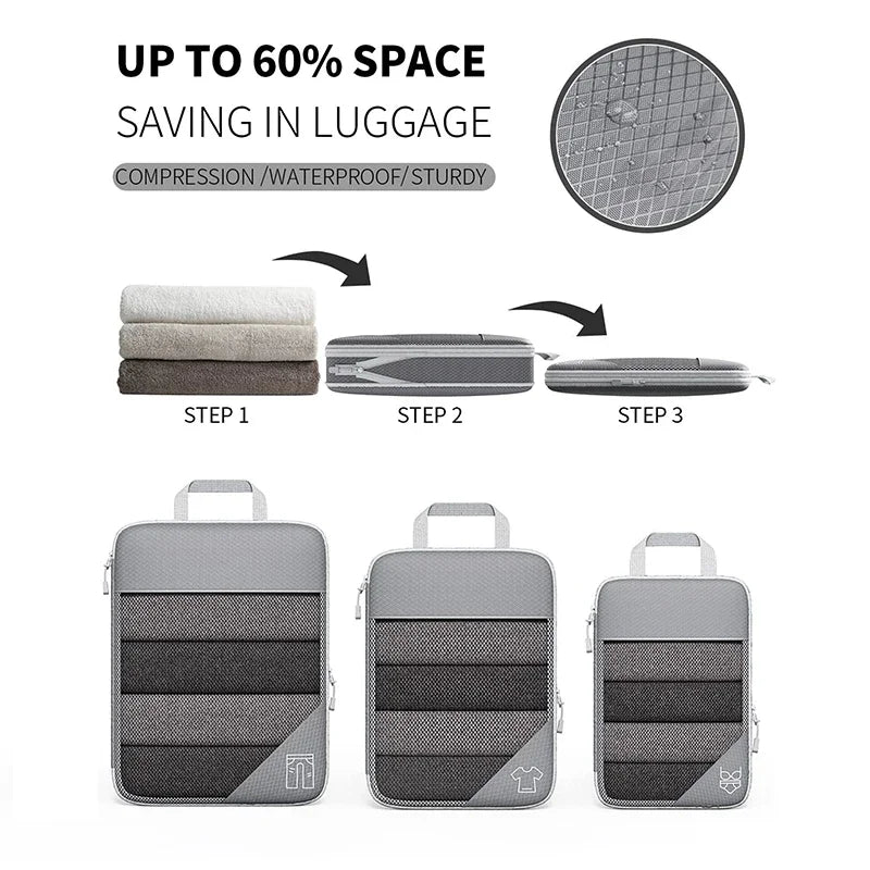 3-6 pcs Compressed Packing Cubes Travel Storage Organizer Set with Shoe Bag & Mesh Visual Luggage Set