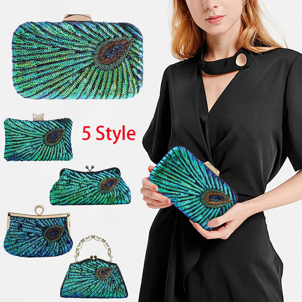 Luxury Peacock Beaded Sequin Evening Clutch – Elegant Diamond Shoulder Bag for Weddings, Parties & Special Events (2025 Edition)