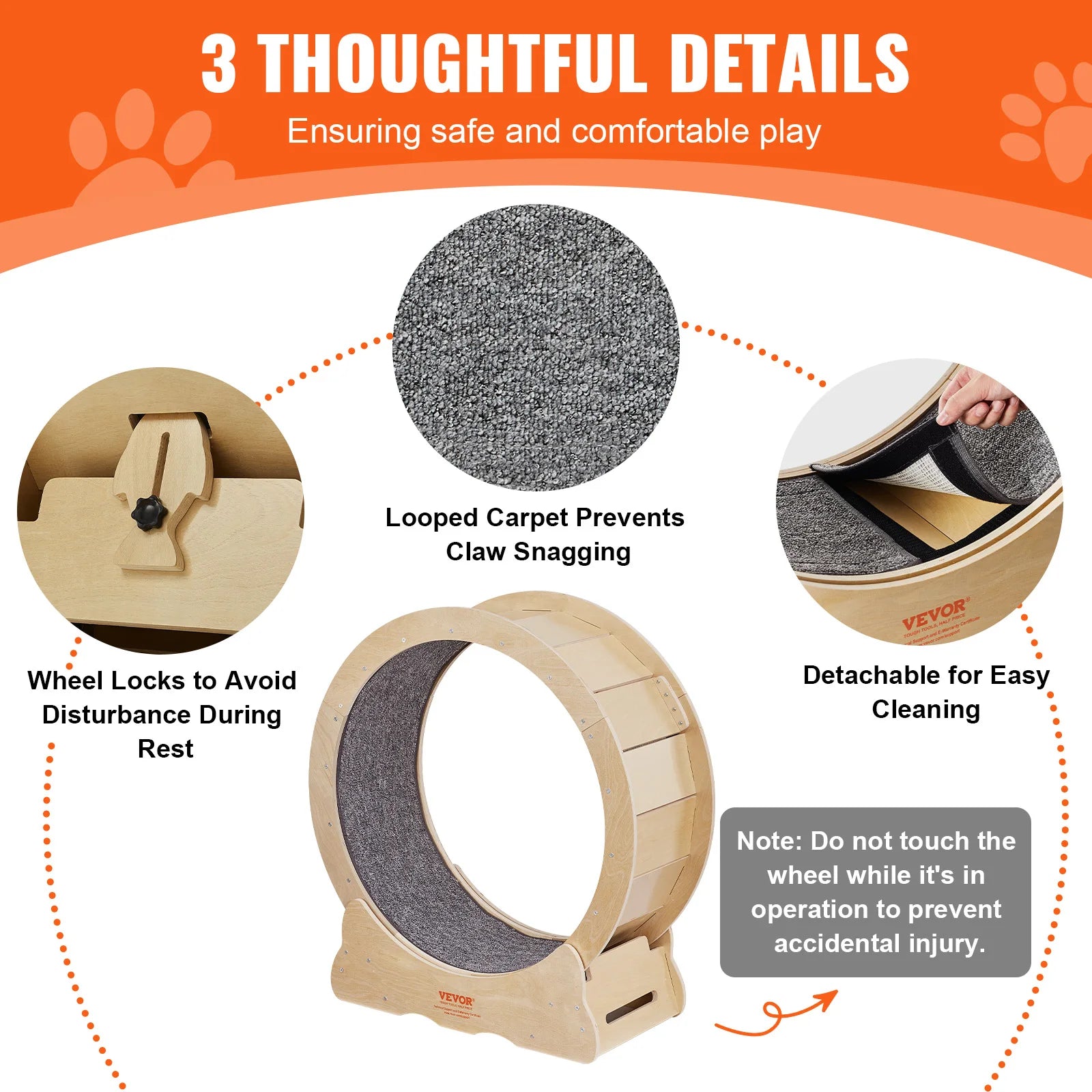 VEVOR Cat Exercise Wheel – Natural Wood Silent Running Treadmill with Detachable Carpet, Roller Wheel for Pet Fitness (