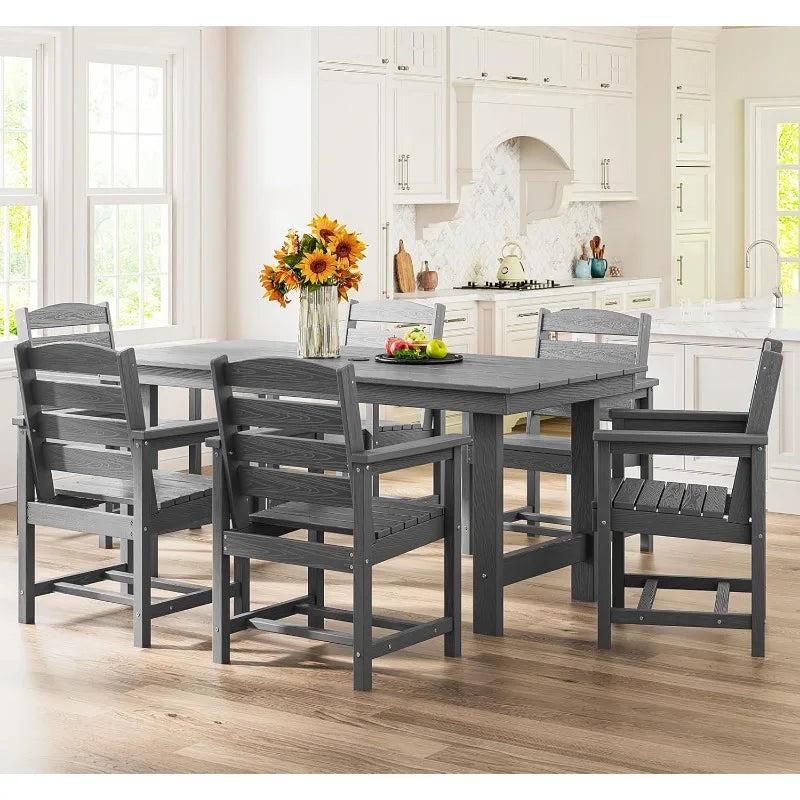 “7-Piece Outdoor HDPE Dining Table Set with 6 Chairs – Gray Patio Dining Set with Umbrella Hole Cut-Out”