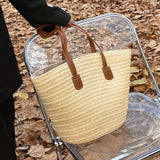 Large Capacity Woven Summer Tote Bag for Women – Casual Solid Color Shoulder/Hand Bag for Weekend Travel