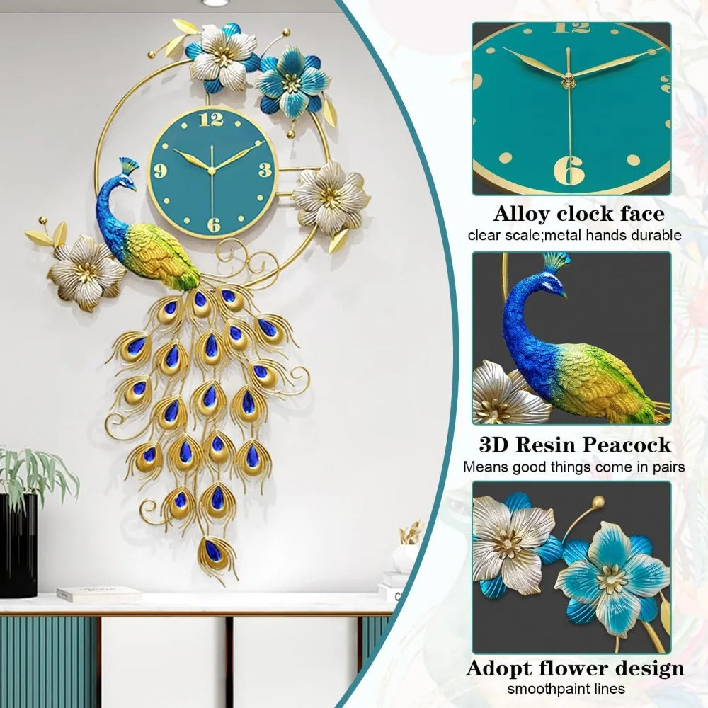 40 Inch Silent 3D Peacock Wall Clock – Luxury Crystal Modern Art Large Non-Ticking Metal Clock