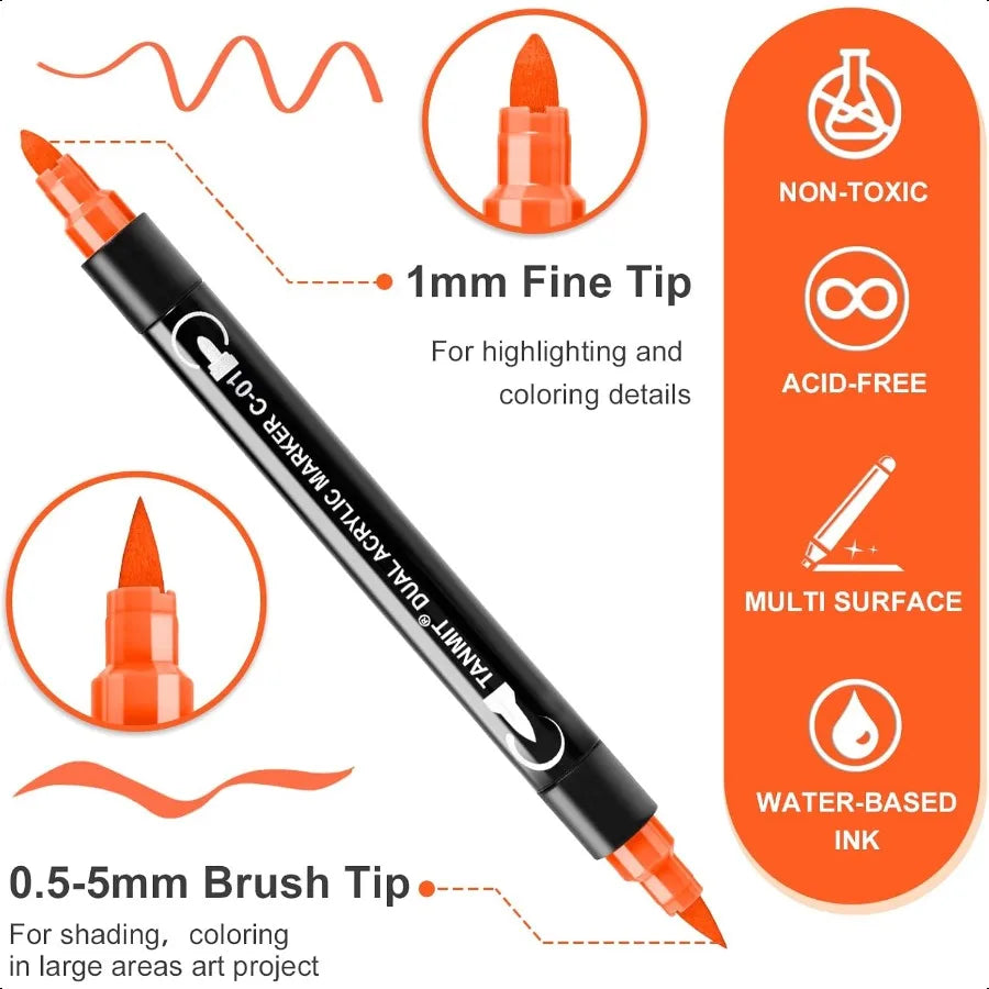 48 Colors Acrylic Paint Pens – Dual Tip Acrylic Markers with Brush & Fine Tips for Rock Painting, Wood, Canvas & DIY Crafts