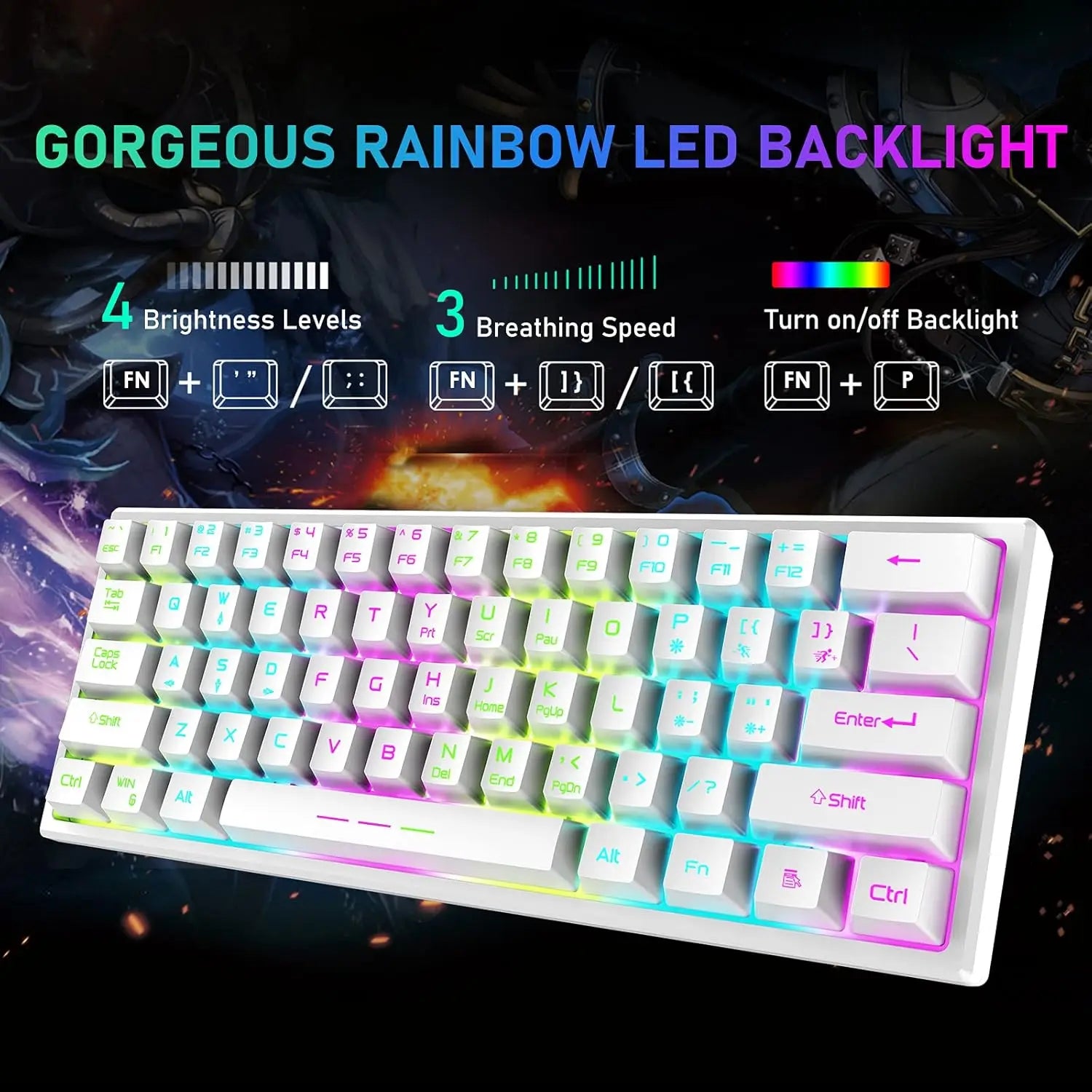 T61 Wireless Gaming Keyboard & Mouse Combo – 61-Key Ergonomic Rainbow LED Backlit Set with 4000mAh Battery & Mouse Pad