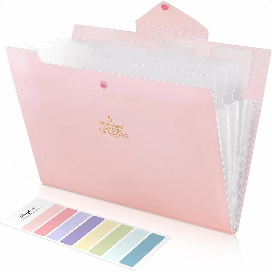 Accordion File Organizer with 5 Pockets – Portable Expanding Document Folder for School & Office (Pink)