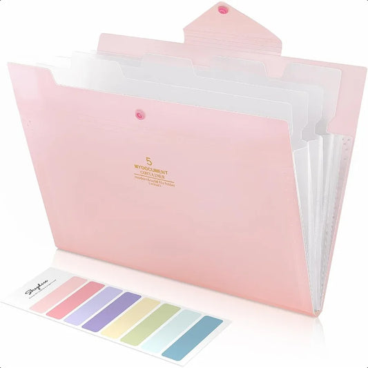 Accordion File Organizer with 5 Pockets – Portable Expanding Document Folder for School & Office (Pink)