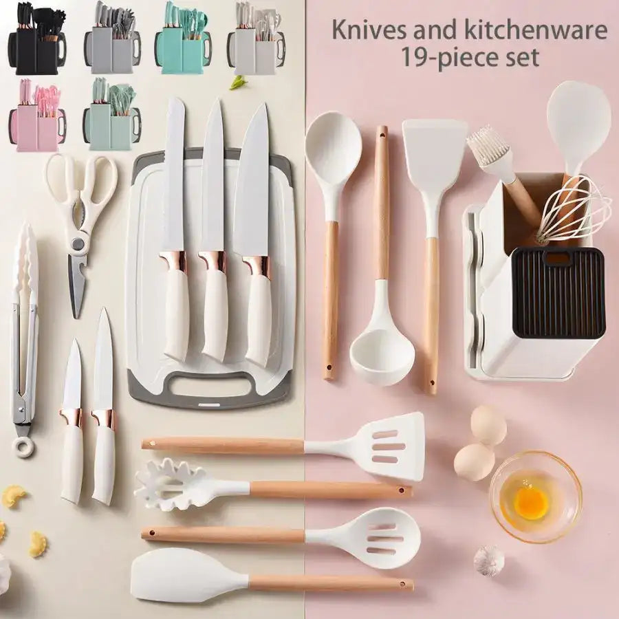 “19-Piece Food-Grade Silicone Kitchenware Set – Cooking Spoons, Cutting Board & Chef Knives”