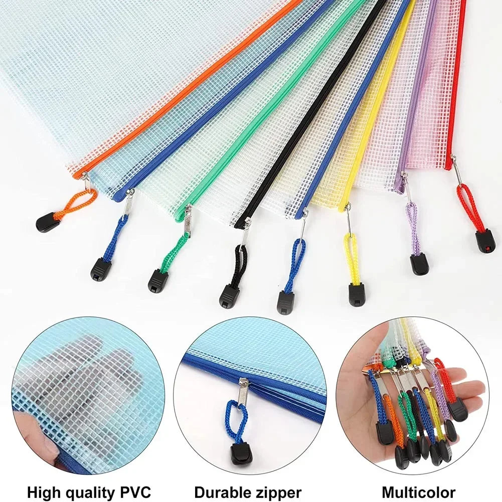 10PCS Mesh Zipper Pouch Set – Waterproof Plastic Document Bags for Travel, Office & Home Organization