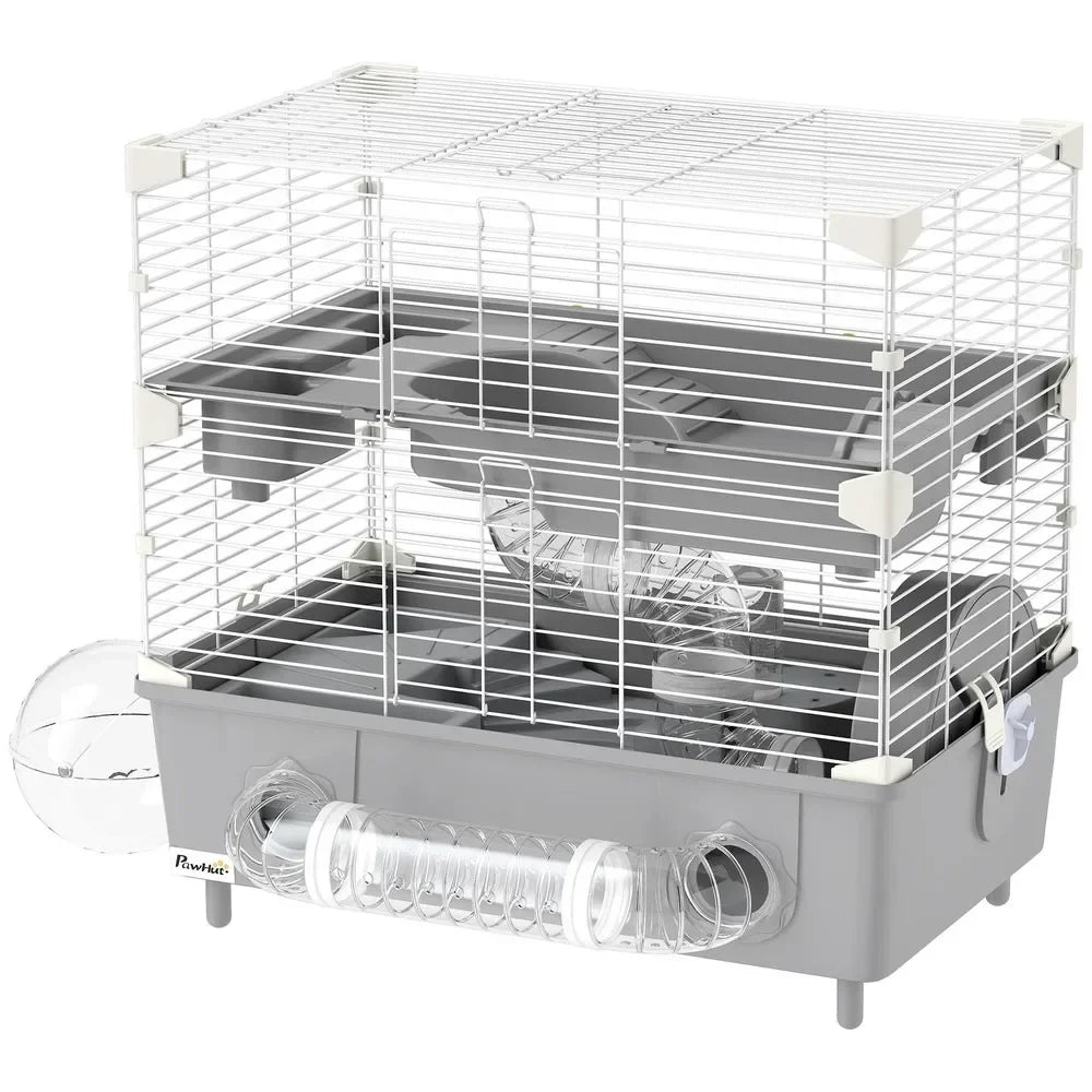 2-Tier Hamster Cage – Spacious Hamster Habitat with Accessories, Durable Gray Design for Small Pets