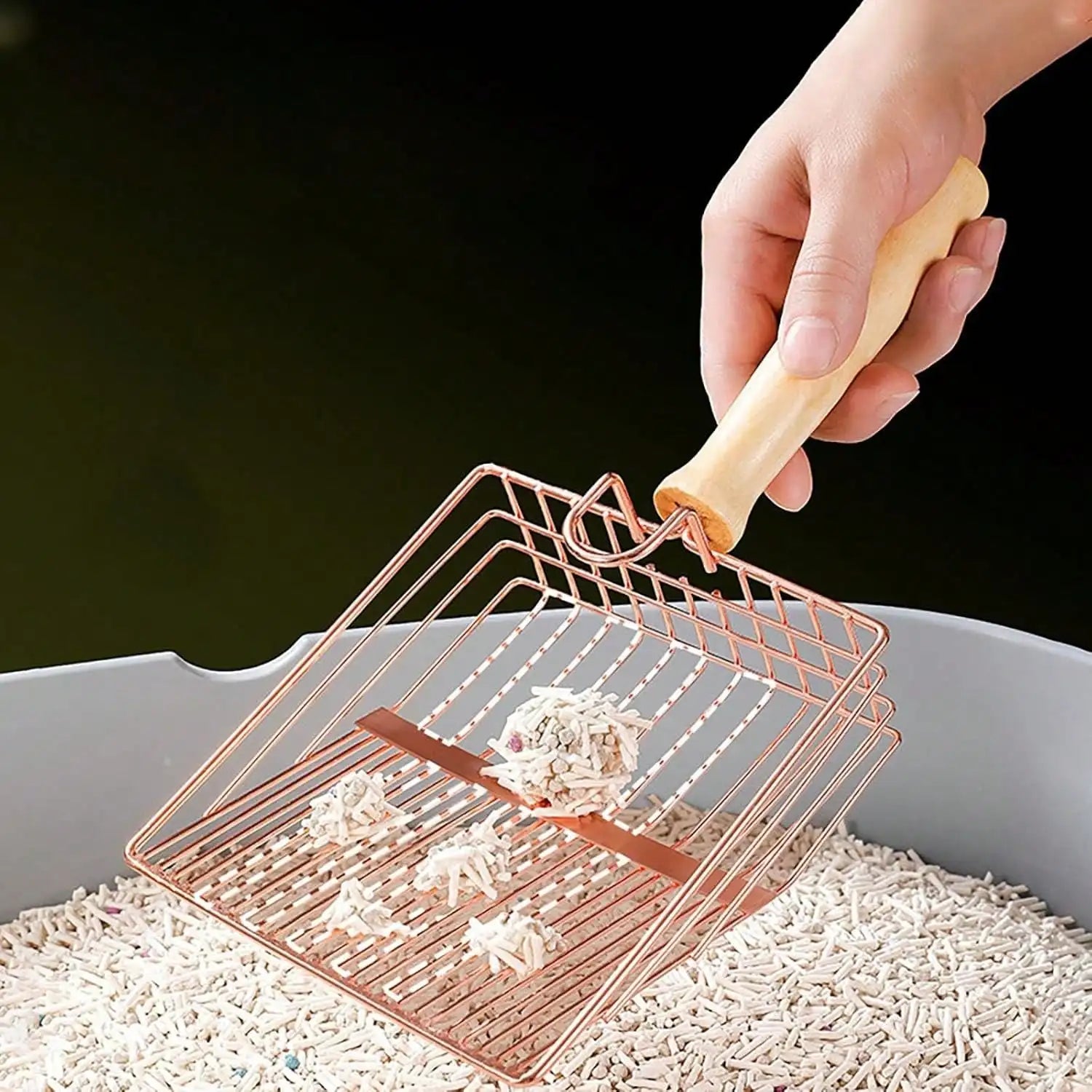 Fast Sifting Stainless Steel Cat Litter Scoop with Ergonomic Wood Handle & Stand – Deep Clean, Mess-Free