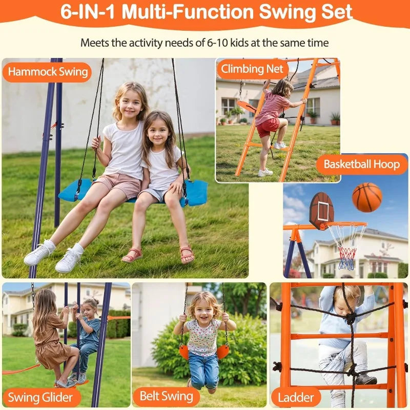 Outdoor Children’s Metal Swing Set – Heavy-Duty Playground Set with Climbing Ladder, Trapeze Bar & Basketball Hoop