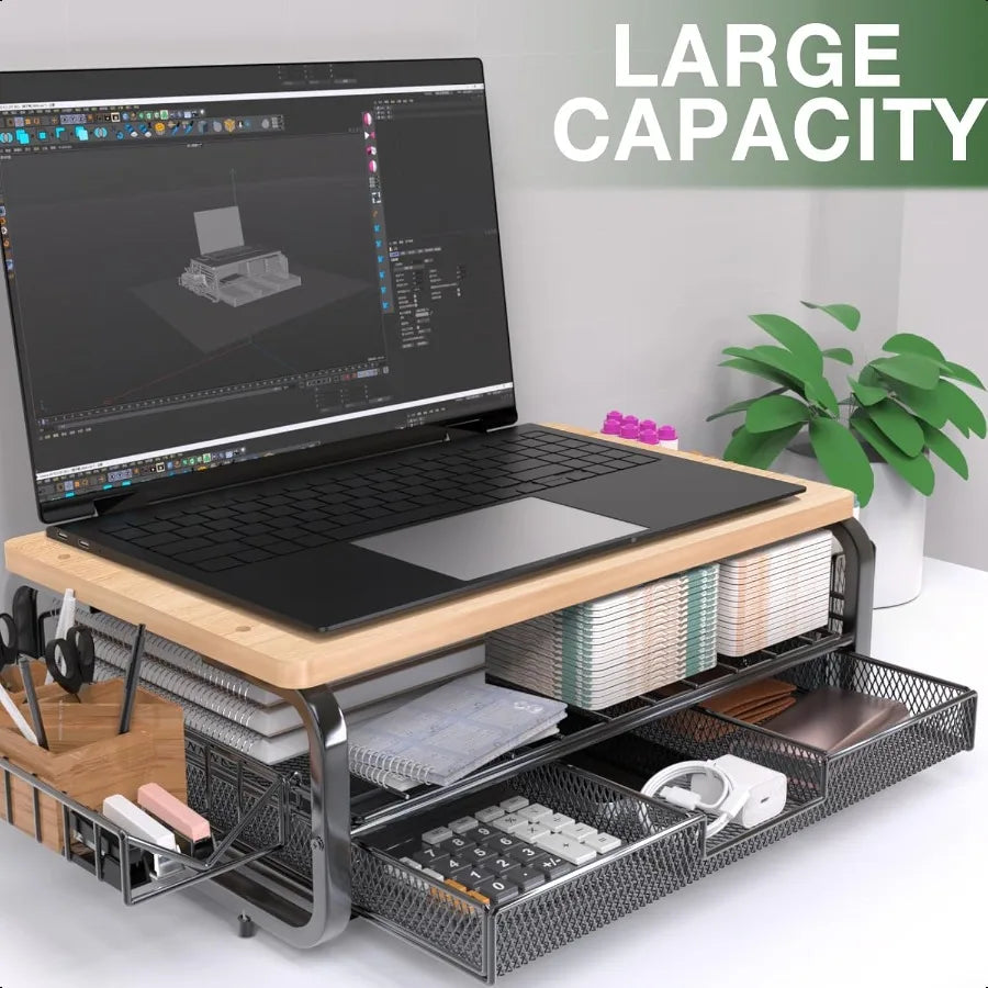 High-Grade Wood Monitor Stand Riser with Drawer – Large Capacity Desk Monitor Stand with Pen & Plug Holder