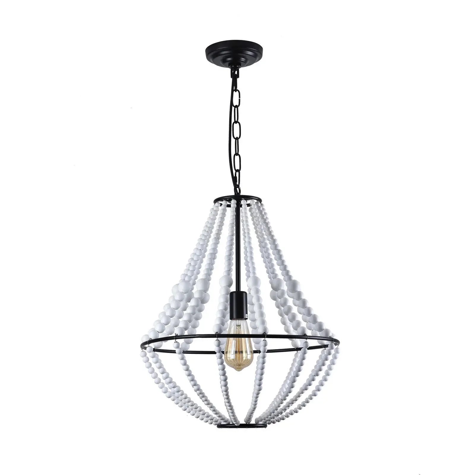 Farmhouse Wood Beaded Chandelier – Modern 1-Light Boho Pendant Light Fixture for Home Décor (E26 Socket)