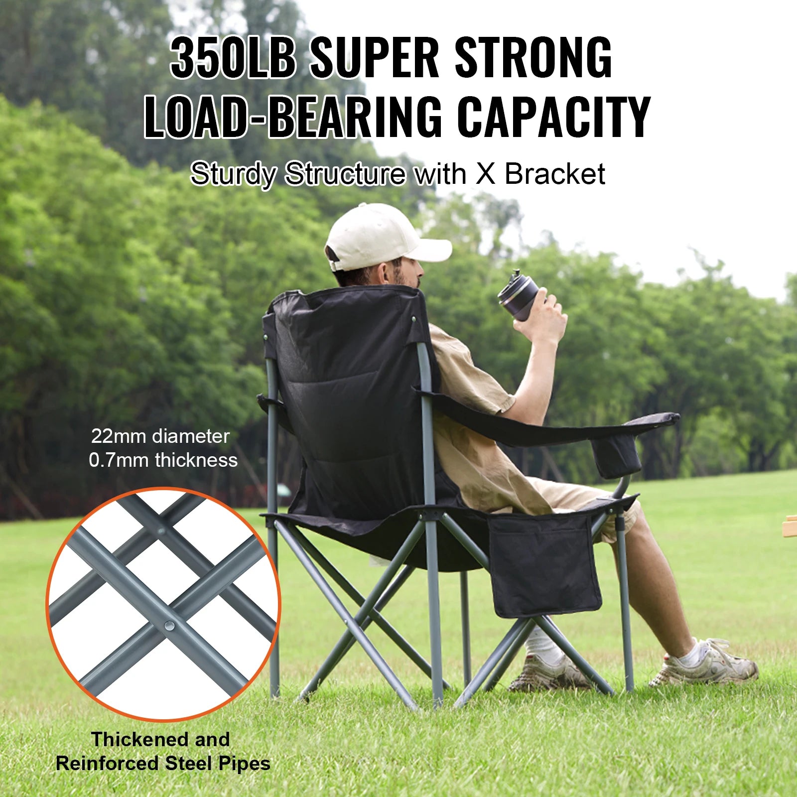 Succebuy Camping Folding Chair – Portable Quad Chair with Lumbar Support, Padded Arms & Side Pockets 🏕️🪑