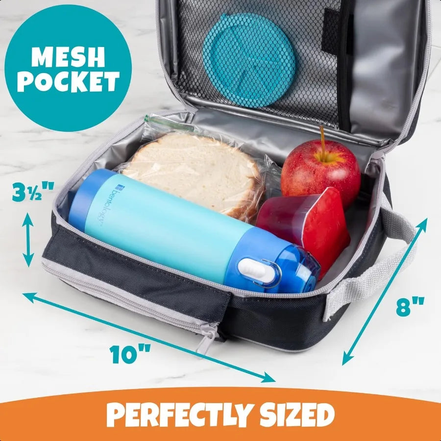 Insulated Lunch Box Tote with Snack Pocket & Water-Bottle Holder – Keeps Food Hot or Cold Longer (Boy or Blue)