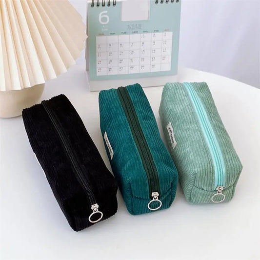 Corduroy Pencil Case – Large Capacity Zipper Pouch, Solid Color Kawaii Stationery Organizer for School & Office Supplies