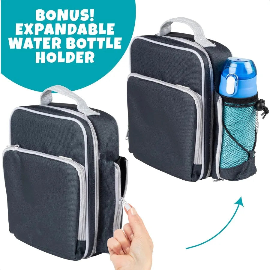 Insulated Lunch Box Tote with Snack Pocket & Water-Bottle Holder – Keeps Food Hot or Cold Longer (Boy or Blue)