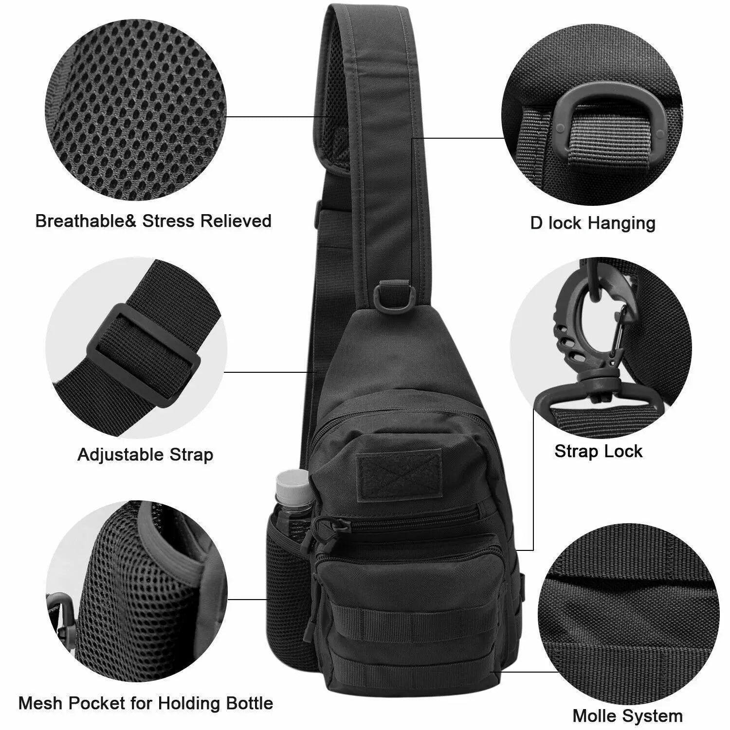 Tactical Sling Crossbody Backpack – MOLLE EDC Chest Bag with Water Bottle Holder | Outdoor Travel Shoulder Pack