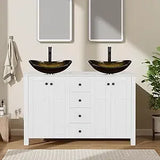 48" White Bathroom Vanity – Marble-Texture Top, 4 Drawers & Double Glass Vessel Sinks (Modern Standing Cabinet)