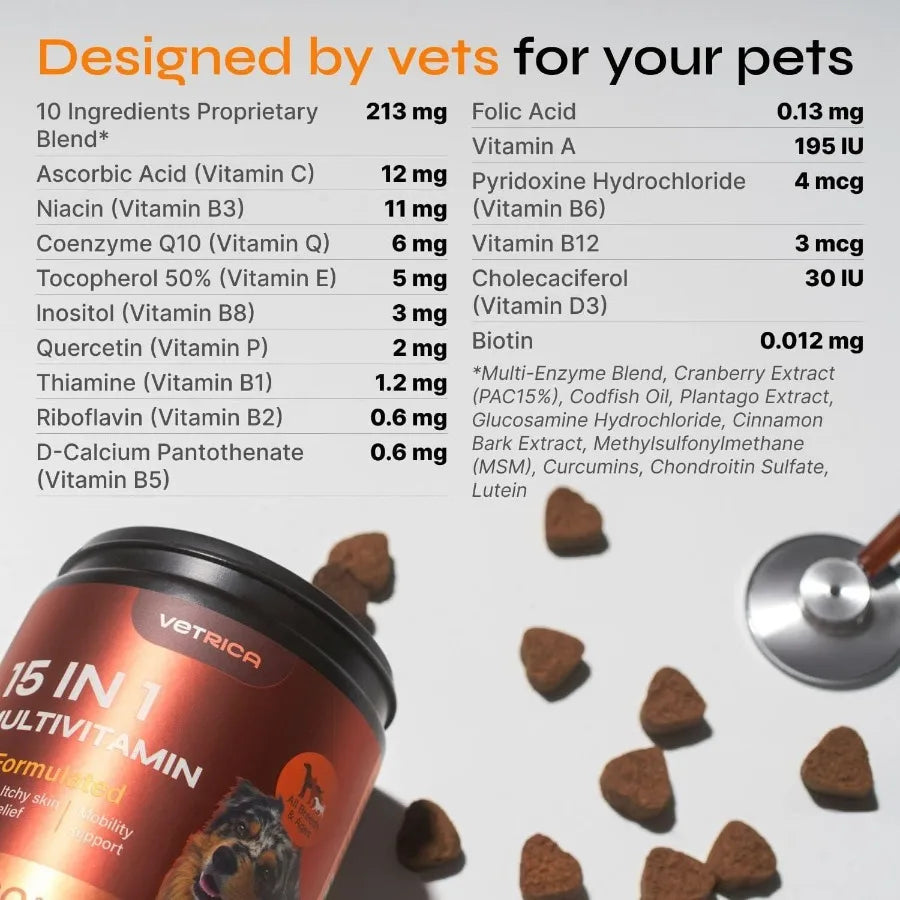 15-in-1 Dog Multivitamin Chews – Complete Joint, Hip & Immune Support with Glucosamine, Vitamins & Minerals for Overall Health