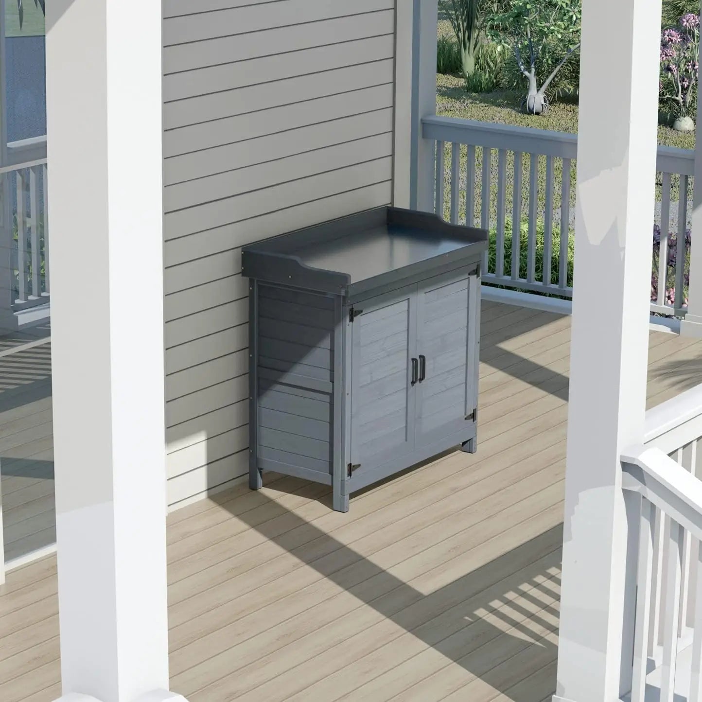 Outdoor Wooden Storage Cabinet – Waterproof Garden Tool Shed with Potting Bench & Work Station Table | Patio & Backyard Organizer
