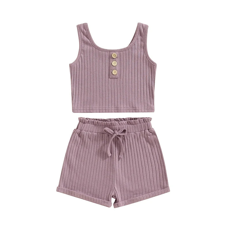 Lioraitiin Girls’ 2-Piece Summer Outfit – Sleeveless Knit Vest Top & Solid Drawstring Shorts Set for Kids 0–8 Years