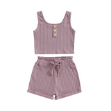 Lioraitiin Girls’ 2-Piece Summer Outfit – Sleeveless Knit Vest Top & Solid Drawstring Shorts Set for Kids 0–8 Years