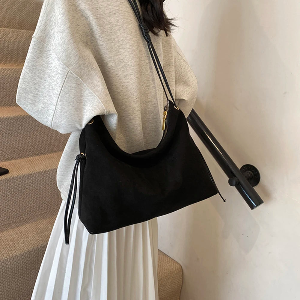 Women’s Suede Shoulder & Messenger Bag – Retro Soft Handbag with Adjustable Strap and Zipper for Work & Travel
