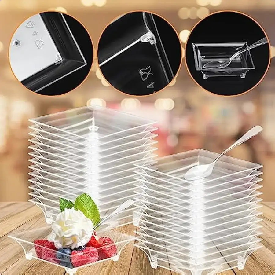 100 Set Mini Disposable Dessert Plates with Tasting Spoons – Clear Plastic Tray for Sauces, Dessert, Fruit & Appetizers