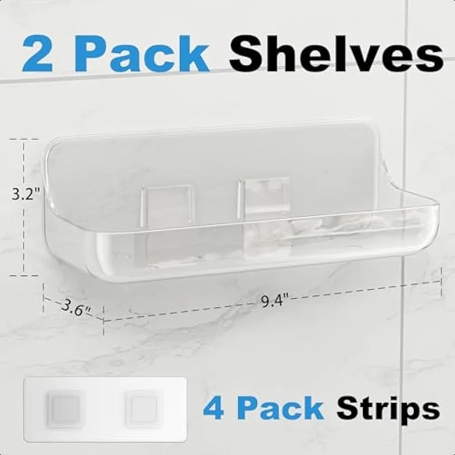 Adhesive No-Drill 2-Pack Acrylic Shower Caddy Shelves – Clear Wall-Mounted Organizer