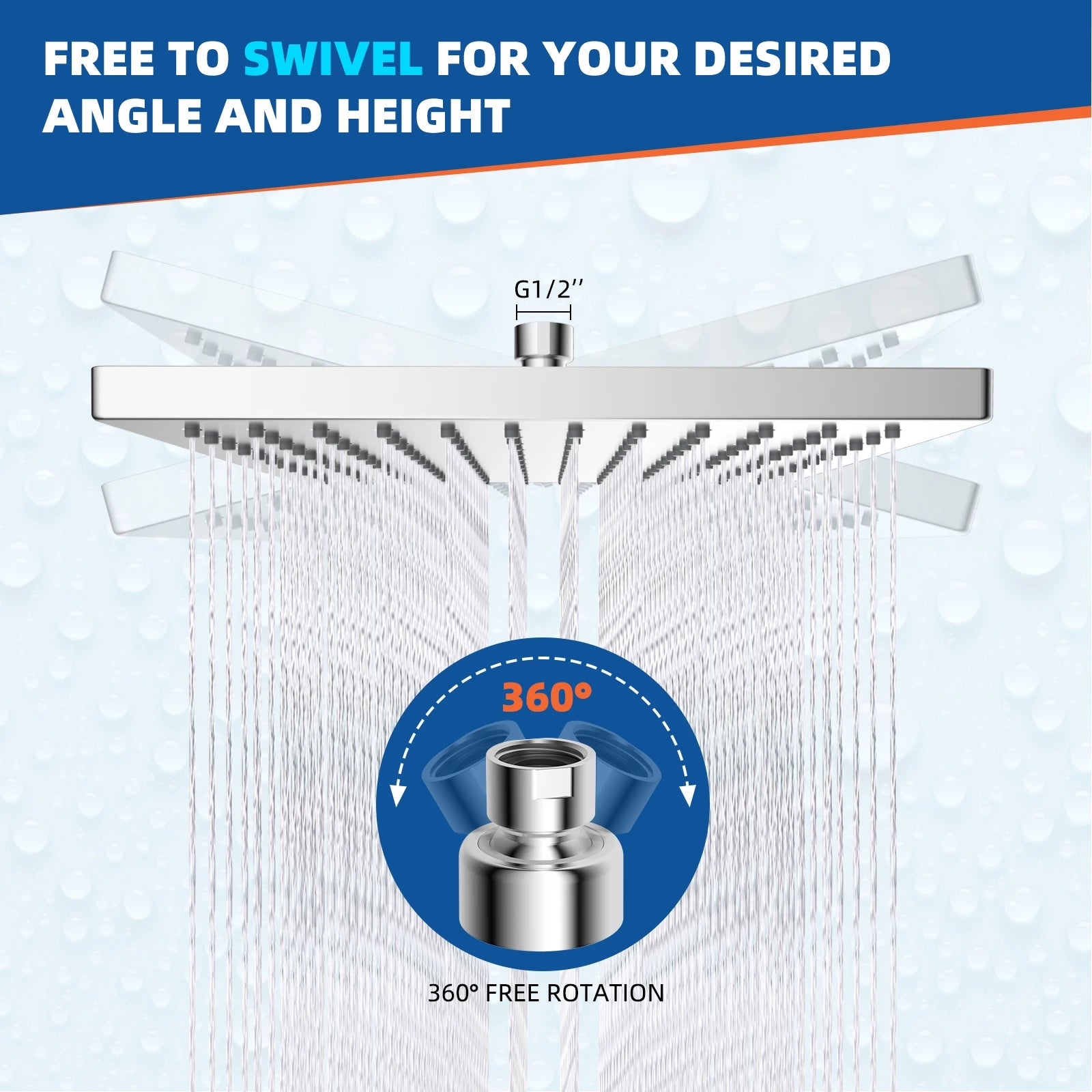 Rain Shower Head – 12″ Square High-Pressure Rainfall Shower with Adjustable Brass Joint