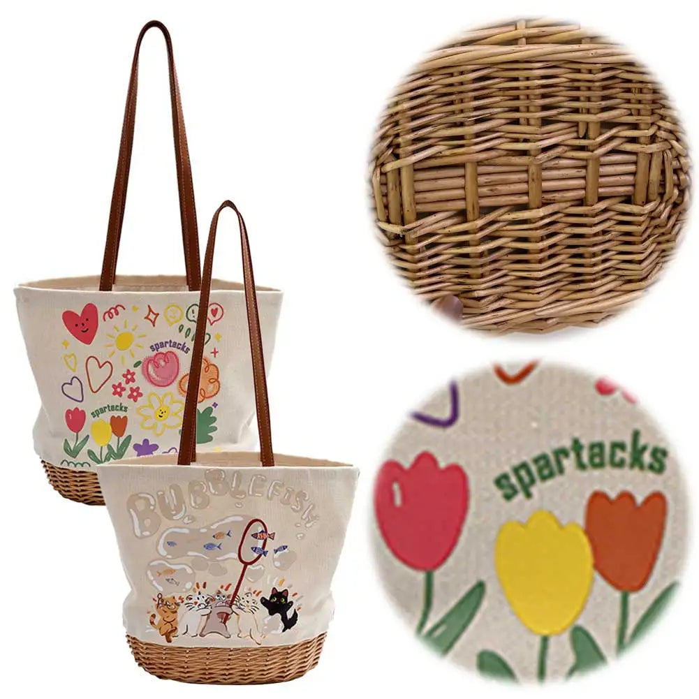 Women’s Straw Shoulder Bag – Patchwork Canvas Printed Bucket Tote with Large Capacity for Shopping & Travel 👜🌴