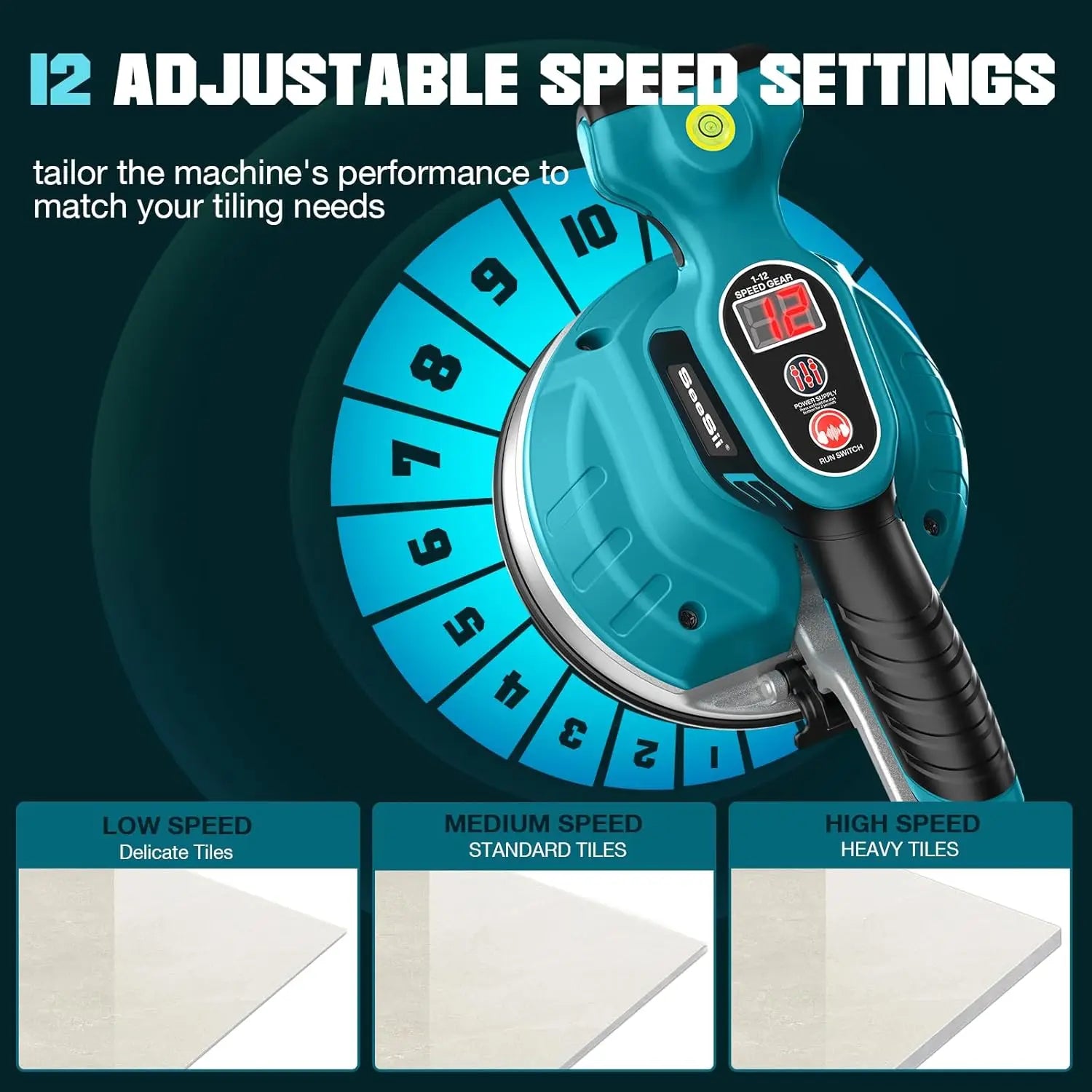 Seesii 12-Speed Tile Laying Machine – Cordless 160mm Large Suction Tile Vibration & Leveling Tool