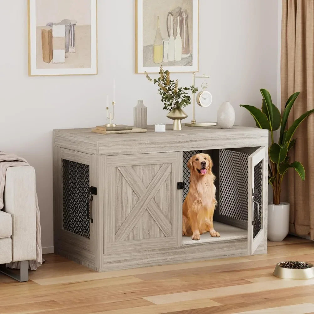Corner Wooden Dog Crate Furniture – 36" Indoor Kennel with Double Doors & Mesh Cage for Small & Medium Dogs