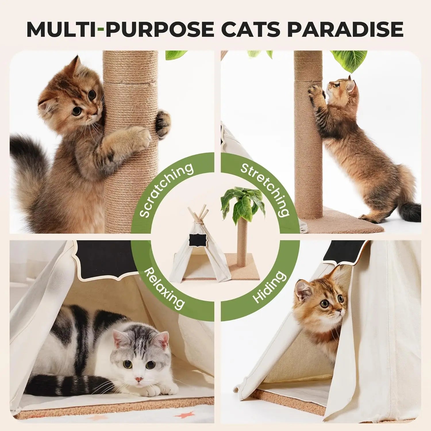 Mewoofun Cat Scratching Post Teepee – 60CM Tall Cat Tree with Simulated Leaves, Pet Bed Tent & Indoor Play House for Cats