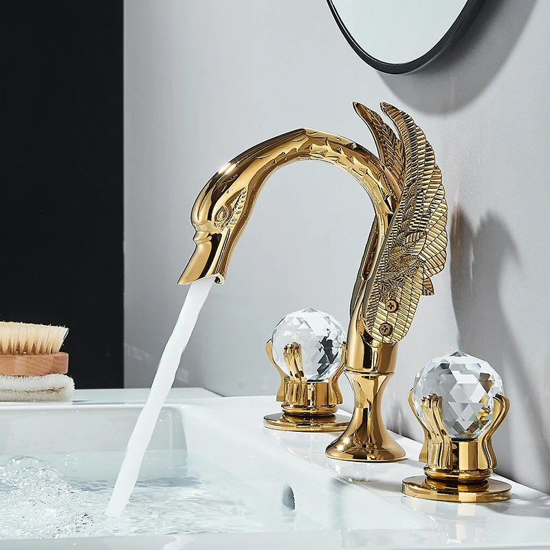 Wanmivezlo Gold Swan Basin Faucet – Luxury Deck-Mounted Dual Crystal Handle Hot & Cold Mixer