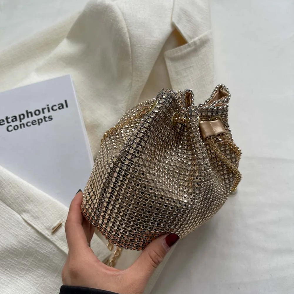 Women’s Luxury Rhinestone Bucket Bag – Glittering Drawstring Shoulder & Crossbody Satchel, Solid Color Fashion Dating Purse