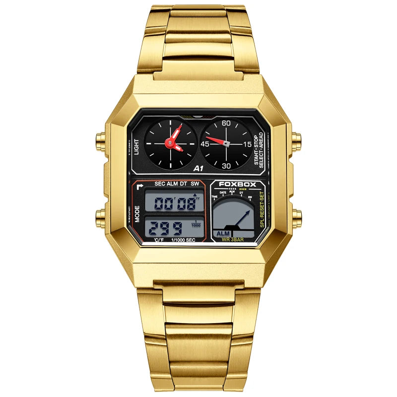 FOXBOX Men’s Electronic Sports Watch – Waterproof, Luminous Dial, Stainless Steel Strap & Alarm ⌚✨