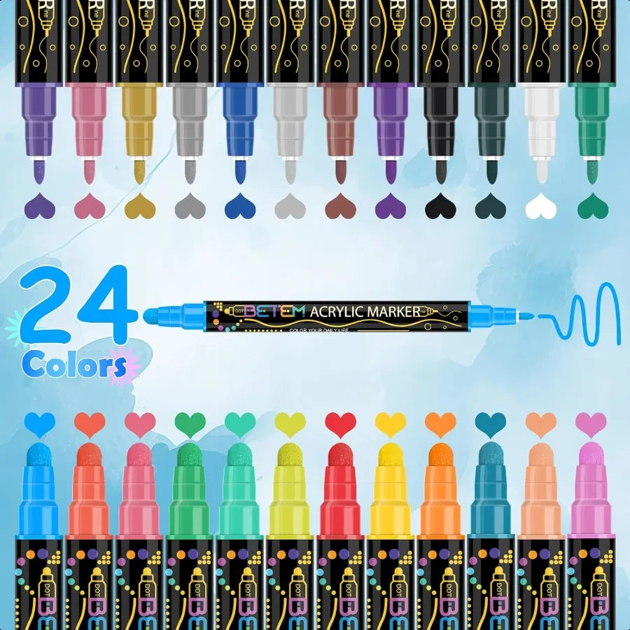 Acrylic Paint Pens – 24 Colors Dual Tip Markers for Wood, Rock, Glass & Canvas Painting 🎨