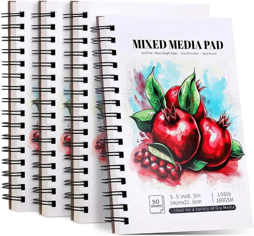 4-Pack Mixed Media Sketchbooks 5.5×8.5″ – 160gsm Heavy-Duty Spiral Drawing Paper
