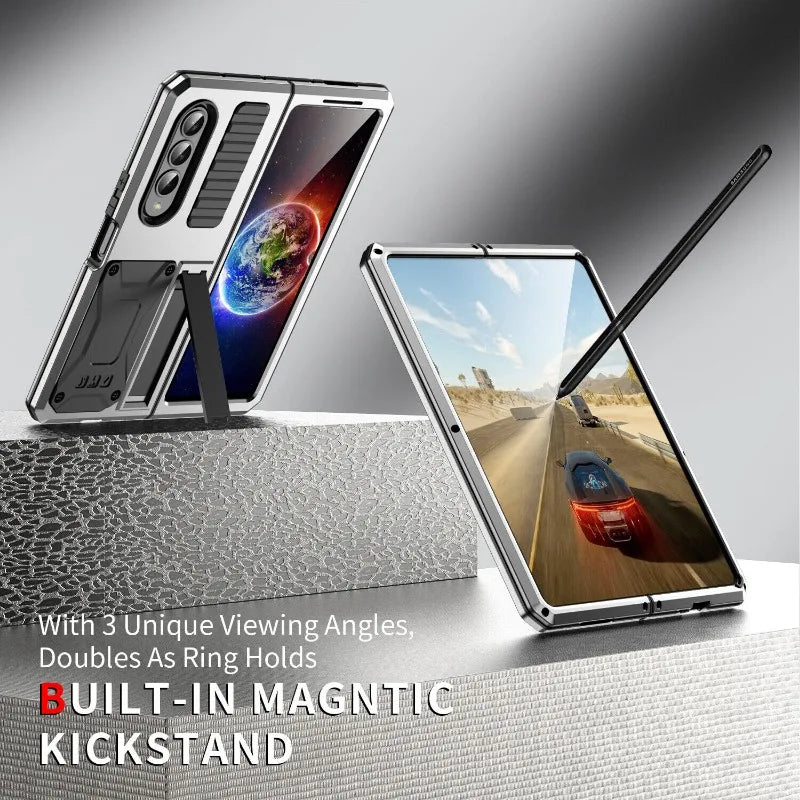 Heavy Duty Armor Metal Aluminum Case – Shockproof Military Stand Cover with Screen Protector for Samsung Z Fold 4